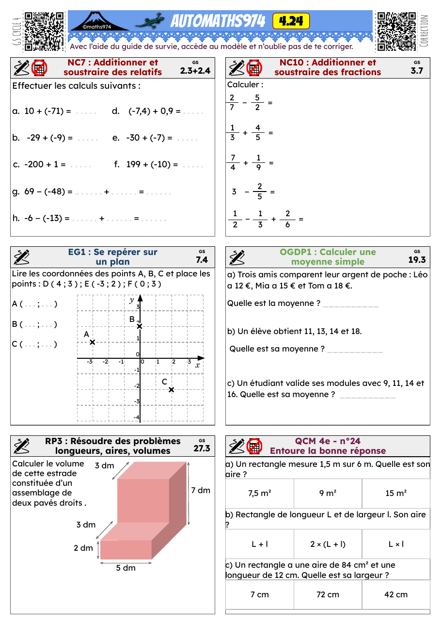 Fiche 4.24 – exercices de maths 4ème corrigés, semaine 24 : Additionner et soustraire des relatifs