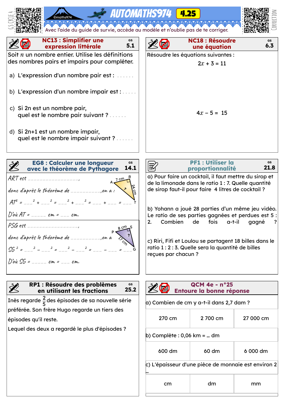 Fiche 4.25 – exercices de maths 4ème corrigés, semaine 25 : Simplifier une expression littérale, Résoudre une équation