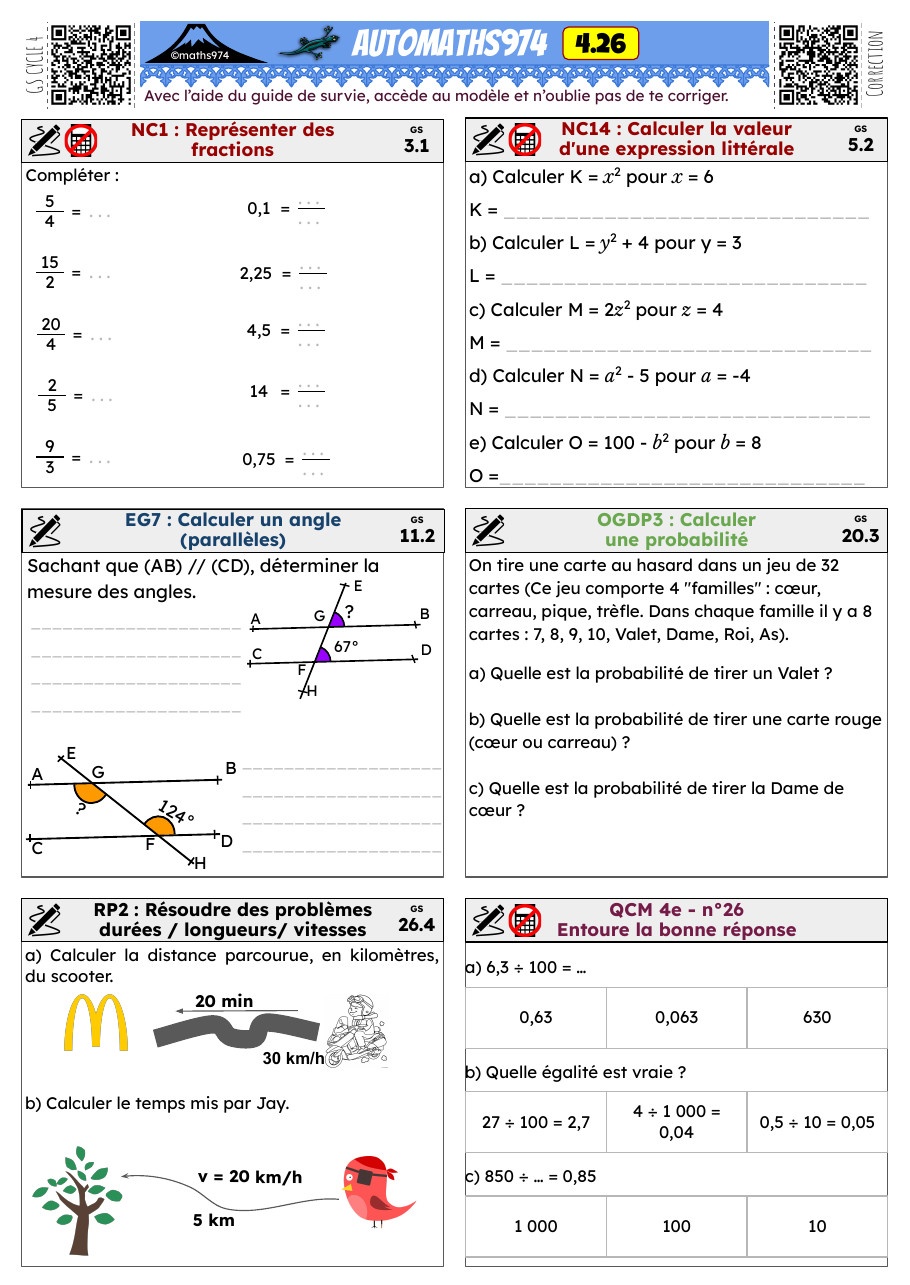 Fiche 4.26 – exercices de maths 4ème corrigés, semaine 26 : Calculer un angle (parallèles), Calculer une probabilité