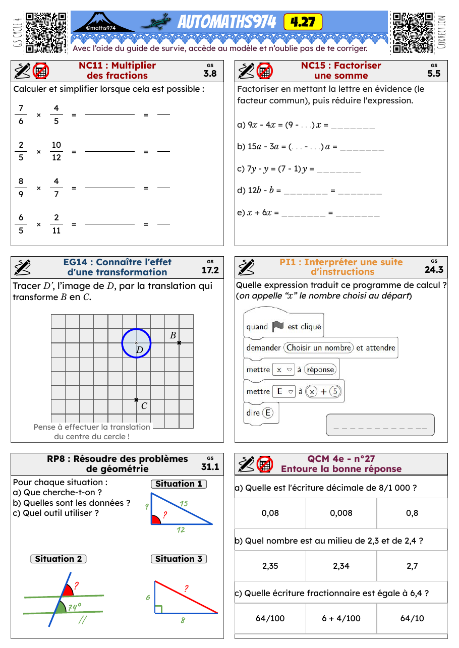 Fiche 4.27 – exercices de maths 4ème corrigés, semaine 27 : Factoriser une somme, Multiplier des fractions