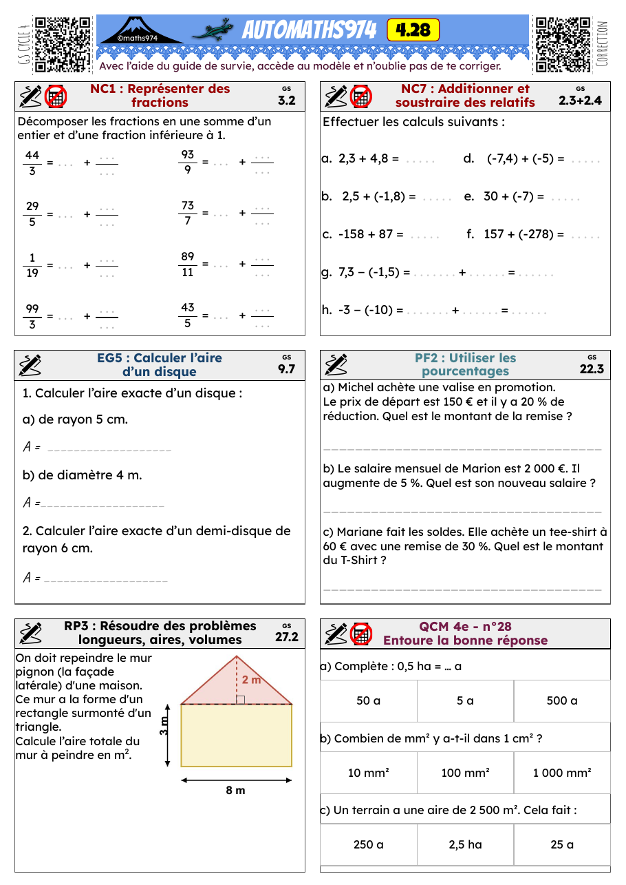 Fiche 4.28 – exercices de maths 4ème corrigés, semaine 28 : Représenter des fractions, Calculer l’aire d’un disque
