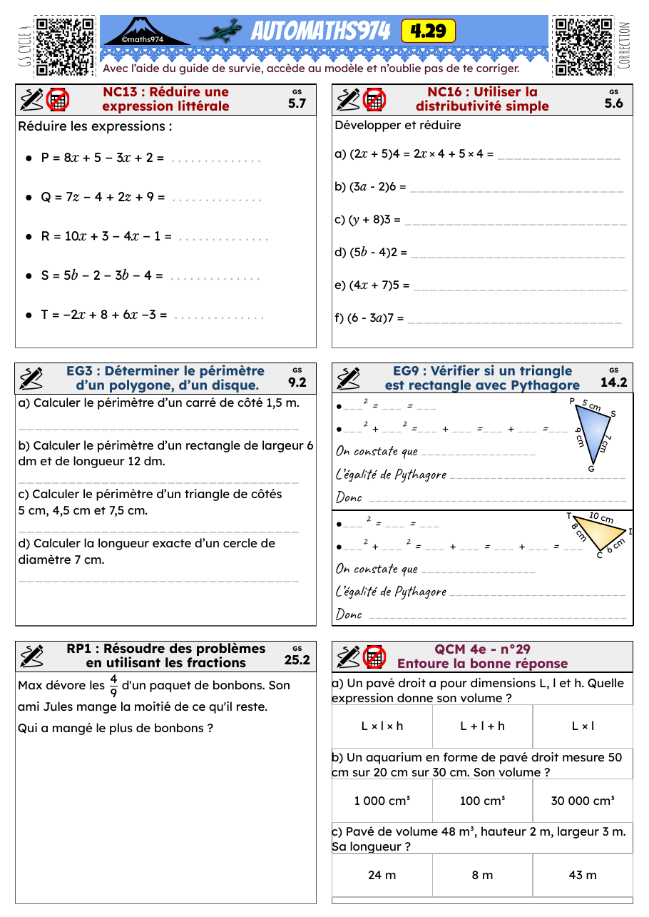 Fiche 4.29 – exercices de maths 4ème corrigés, semaine 29 : Réduire une expression littérale