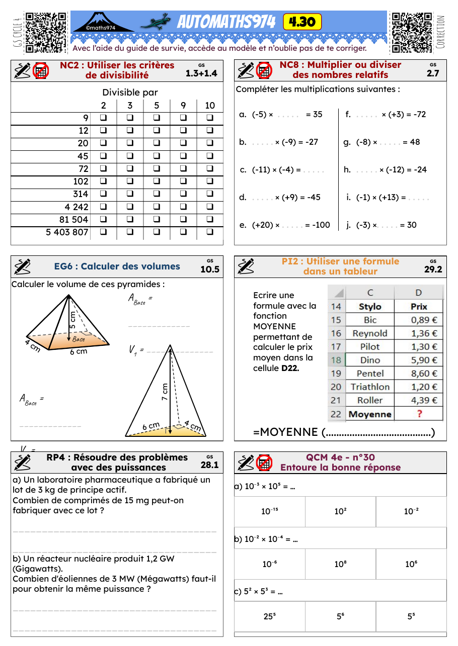 Fiche 4.30 – exercices de maths 4ème corrigés, semaine 30 : Utiliser les critères de divisibilité