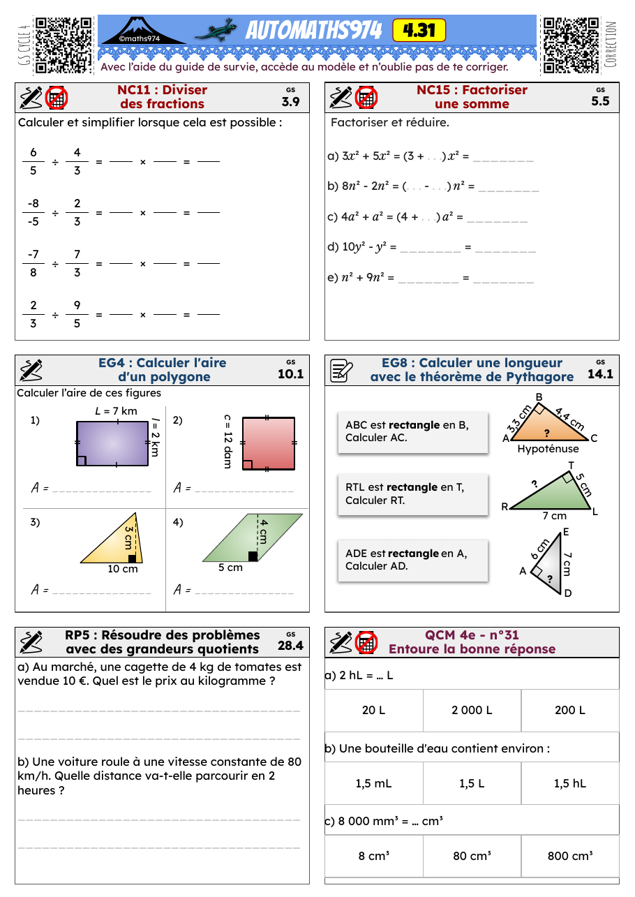Fiche 4.31 – exercices de maths 4ème corrigés, semaine 31 : Factoriser une somme, Diviser des fractions
