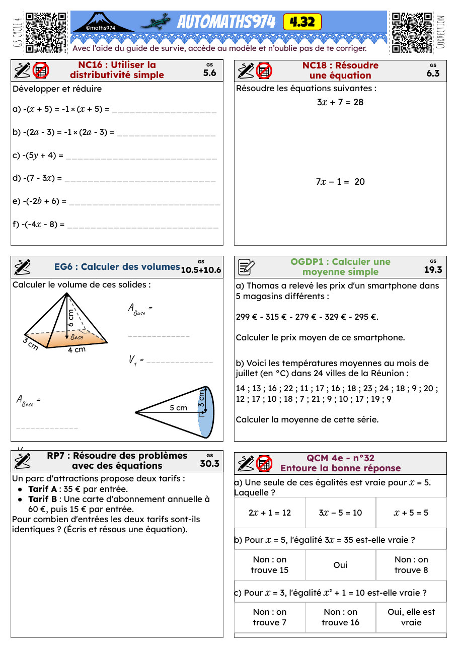 Fiche 4.32 – exercices de maths 4ème corrigés, semaine 32 : Utiliser la distributivité simple, Résoudre une équation
