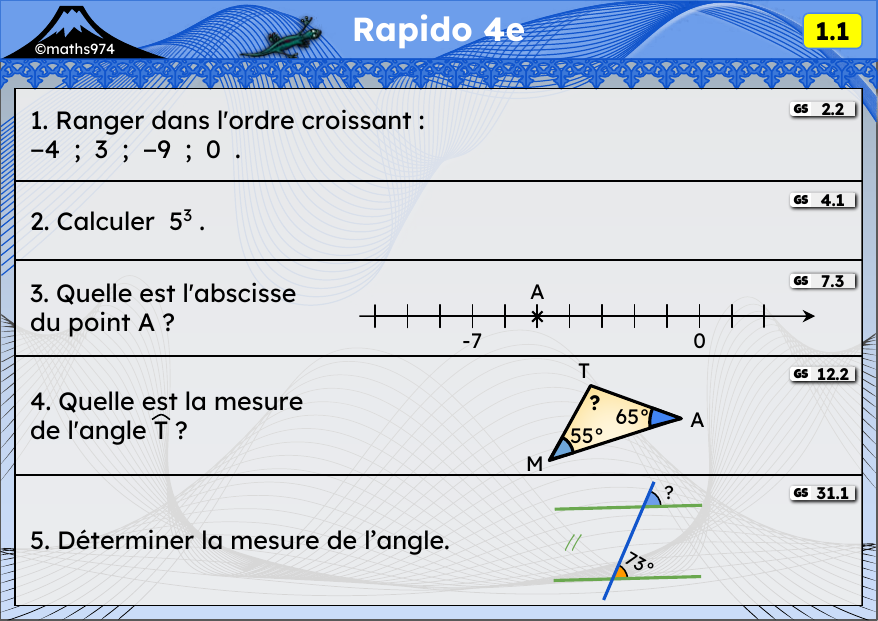 Rapido 1.1 – exercices de maths 4ème, semaine 1 : Relatifs, puissances, droite graduée, angles