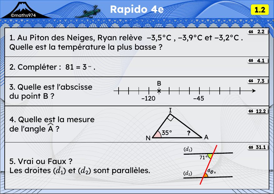 Rapido 1.2 – exercices de maths 4ème, semaine 1 : Relatifs, puissances, droite graduée, angles