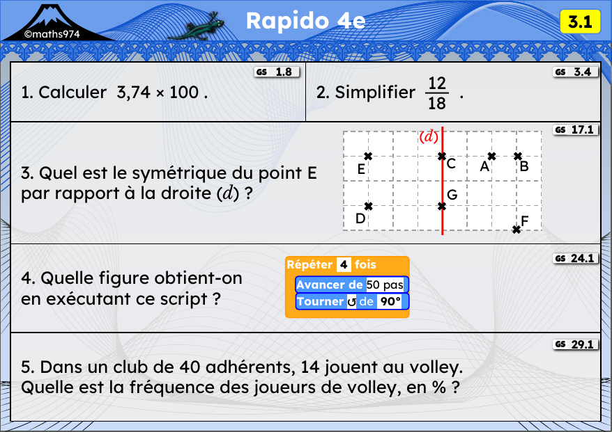 Rapido 3.1 – exercices de maths 4ème, semaine 3 : ×10, ×100, ×1000 ; simplifier ; symétrie axiale ; scripts
