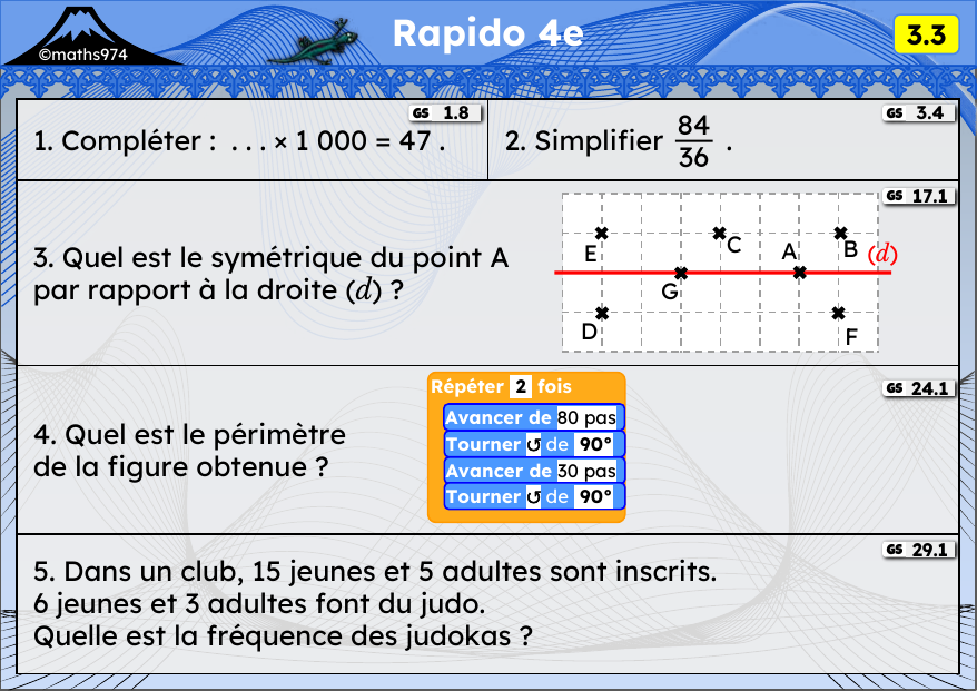 Rapido 3.3 – exercices de maths 4ème, semaine 3 : ×10, ×100, ×1000 ; simplifier ; symétrie axiale ; scripts