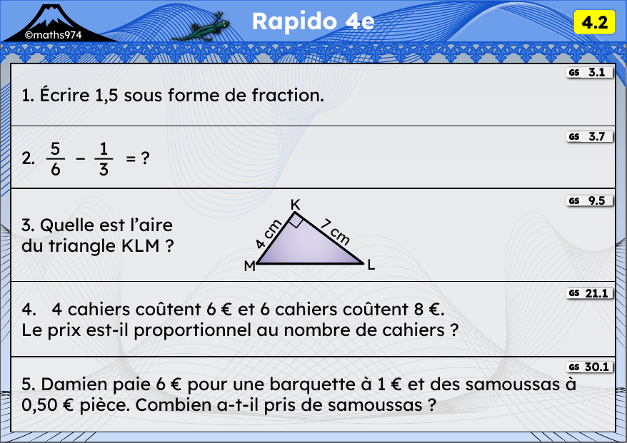Rapido 4.2 – exercices de maths 4ème, semaine 4 : Fractions et décimaux, addition de fractions, aire du triangle