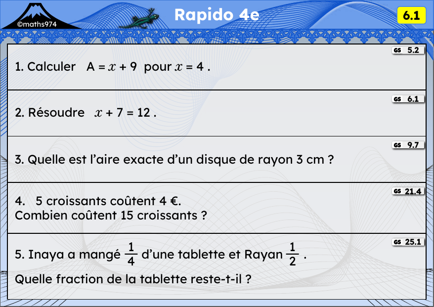 Rapido 6.1 – exercices de maths 4ème, semaine 6 : Calcul littéral, équations, aire du disque, proportionnalité