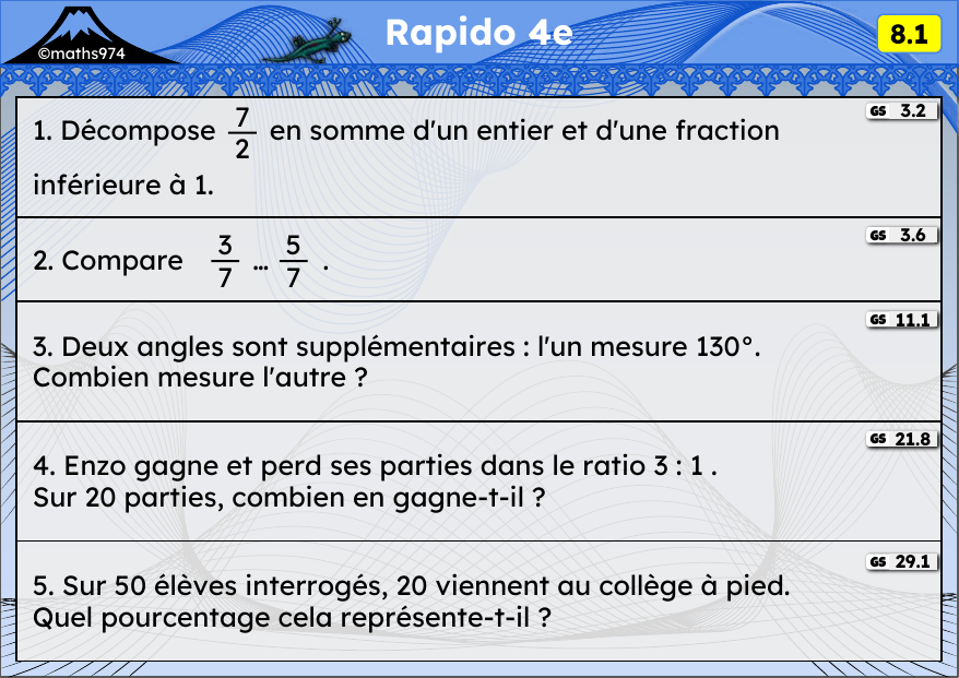 Rapido 8.1 – exercices de maths 4ème, semaine 8 : Fractions et entiers, comparer, angles, ratios