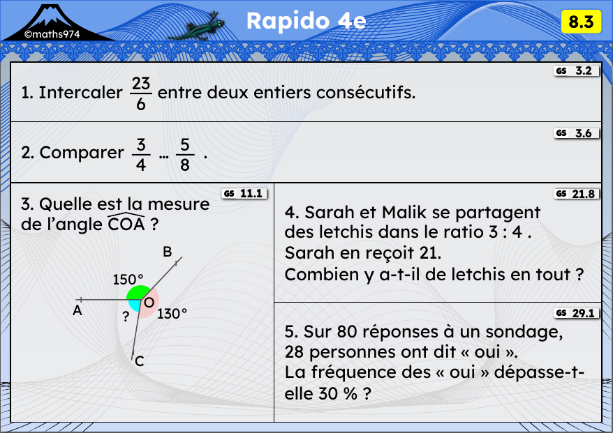 Rapido 8.3 – exercices de maths 4ème, semaine 8 : Fractions et entiers, comparer, angles, ratios