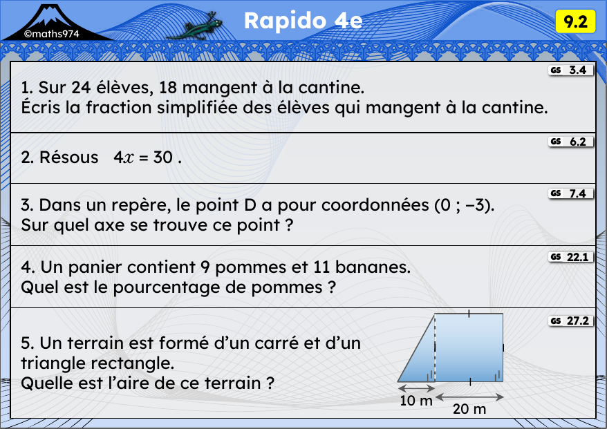 Rapido 9.2 – exercices de maths 4ème, semaine 9 : Simplifier, équations, coordonnées, pourcentages