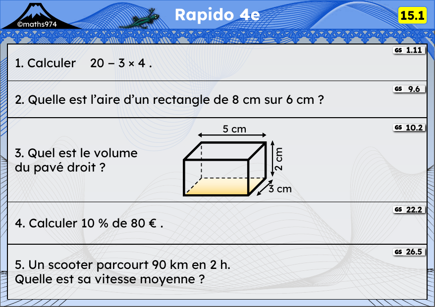 Rapido 15.1 – exercices de maths 4ème, semaine 15 : Priorités, aires, volumes, pourcentages, vitesse
