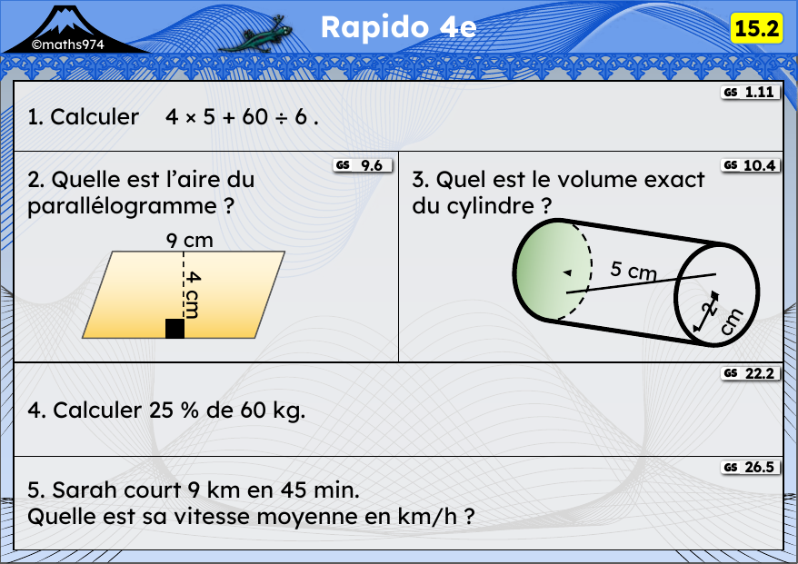 Rapido 15.2 – exercices de maths 4ème, semaine 15 : Priorités, aires, volumes, pourcentages, vitesse
