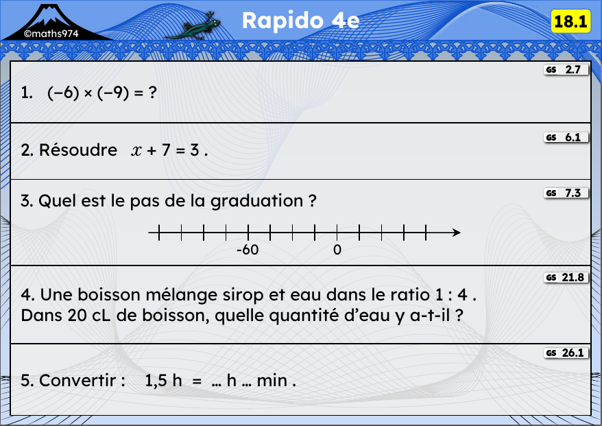 Rapido 18.1 – exercices de maths 4ème, semaine 18 : Multiplication et division de relatifs, équations, droite graduée, ratios