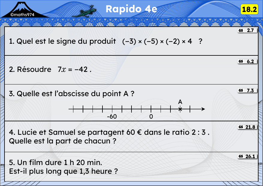 Rapido 18.2 – exercices de maths 4ème, semaine 18 : Multiplication et division de relatifs, équations, droite graduée, ratios