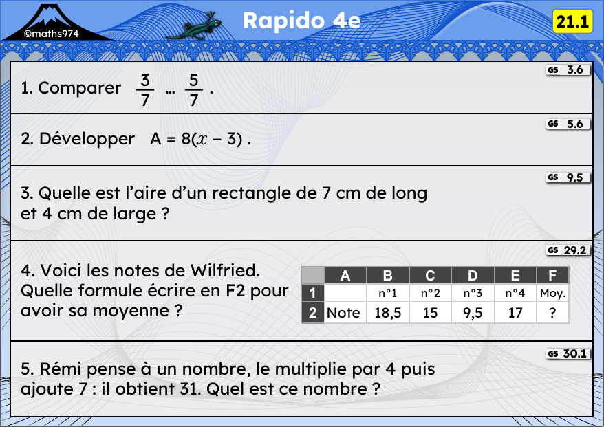Rapido 21.1 – exercices de maths 4ème, semaine 21 : Comparer des fractions, développer, aires, tableur