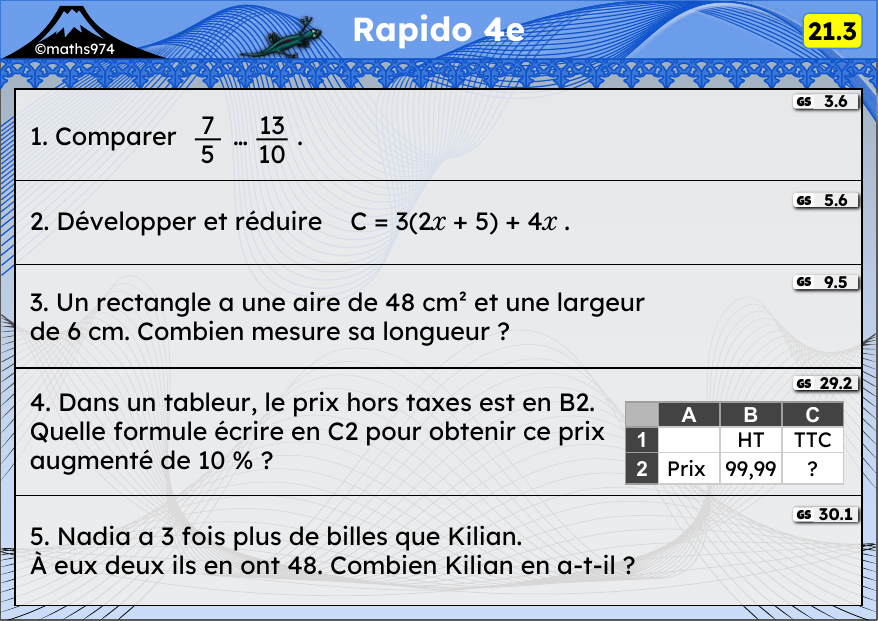 Rapido 21.3 – exercices de maths 4ème, semaine 21 : Comparer des fractions, développer, aires, tableur