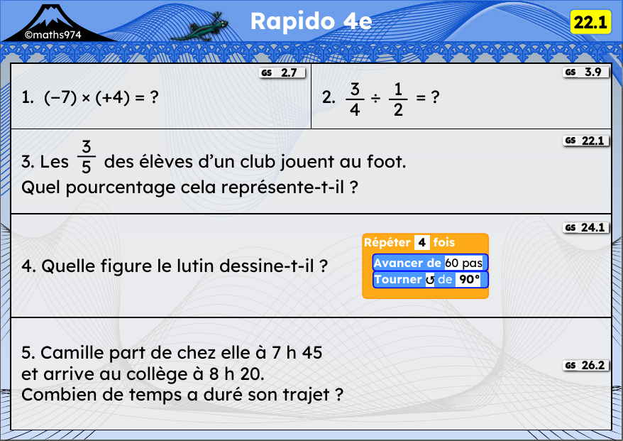 Rapido 22.1 – exercices de maths 4ème, semaine 22 : Multiplication et division de relatifs, fractions, pourcentages, scripts