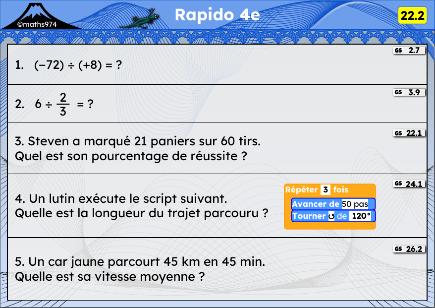Rapido 22.2 – exercices de maths 4ème, semaine 22 : Multiplication et division de relatifs, fractions, pourcentages, scripts