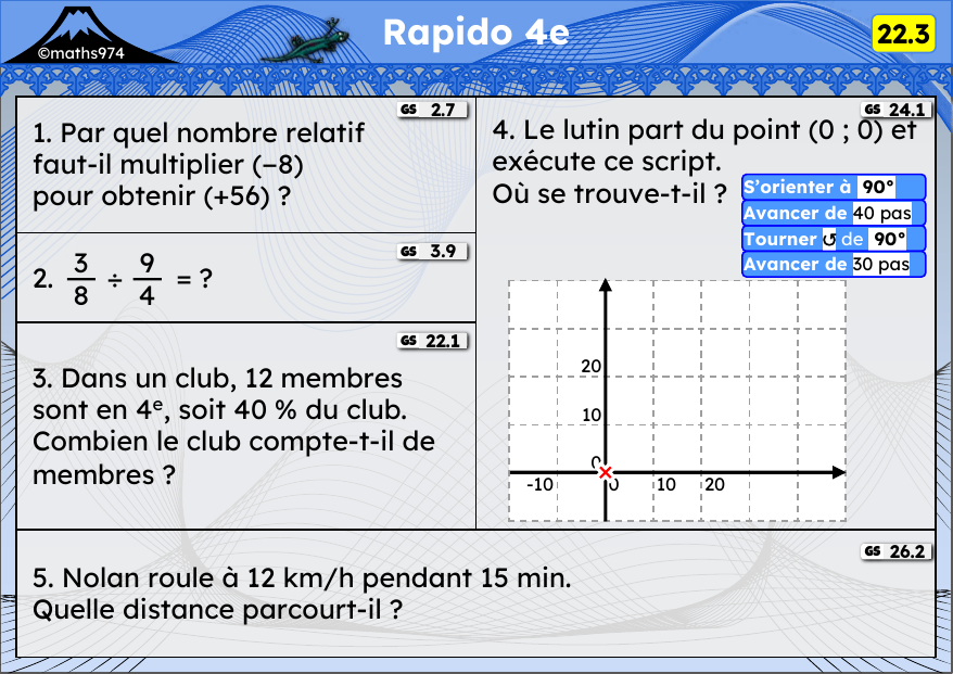 Rapido 22.3 – exercices de maths 4ème, semaine 22 : Multiplication et division de relatifs, fractions, pourcentages, scripts