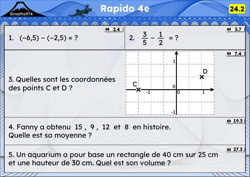 Rapido 24.2 – exercices de maths 4ème, semaine 24 : Relatifs, fractions, coordonnées, moyenne, volumes