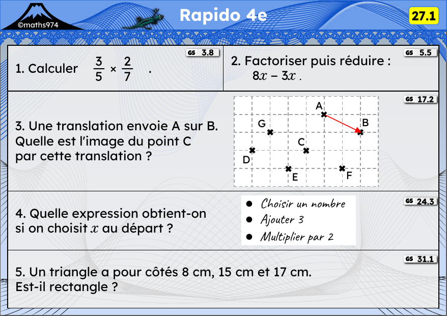 Rapido 27.1 – exercices de maths 4ème, semaine 27 : Multiplication de fractions, factoriser, translation
