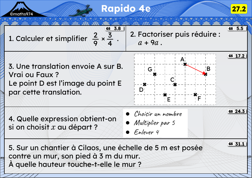 Rapido 27.2 – exercices de maths 4ème, semaine 27 : Multiplication de fractions, factoriser, translation