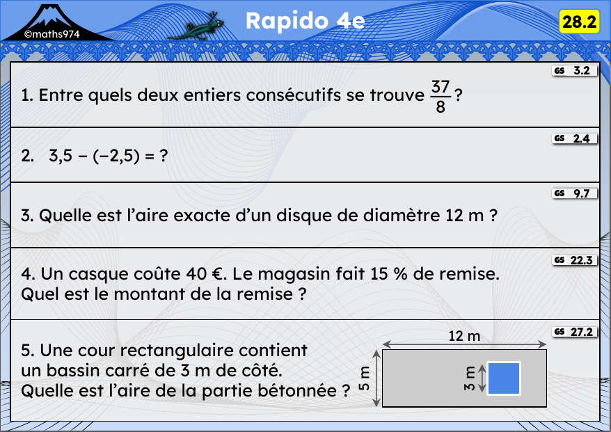 Rapido 28.2 – exercices de maths 4ème, semaine 28 : Fractions, relatifs, aire du disque, remises