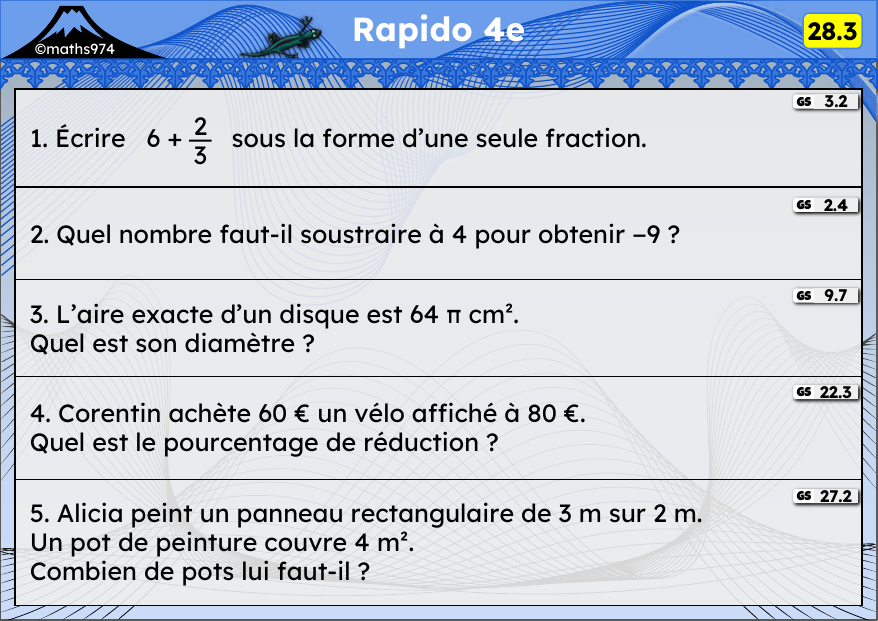Rapido 28.3 – exercices de maths 4ème, semaine 28 : Fractions, relatifs, aire du disque, remises