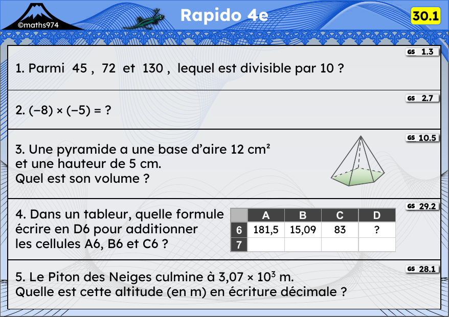 Rapido 30.1 – exercices de maths 4ème, semaine 30 : Divisibilité, relatifs, pyramide, tableur