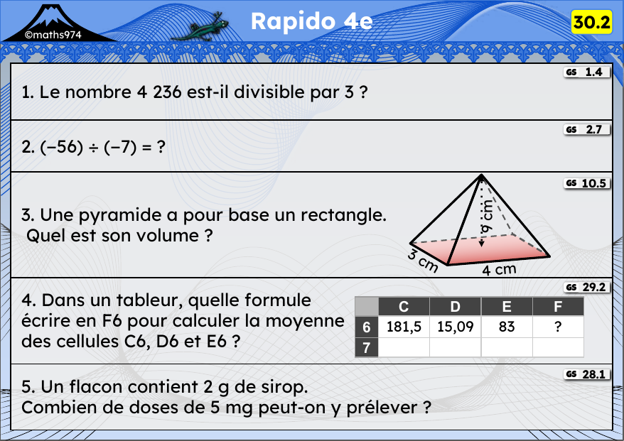 Rapido 30.2 – exercices de maths 4ème, semaine 30 : Divisibilité, relatifs, pyramide, tableur