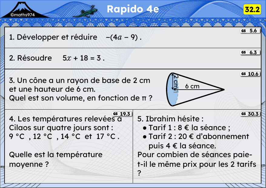 Rapido 32.2 – exercices de maths 4ème, semaine 32 : Développer et réduire avec un signe moins, équations, pyramide, moyenne