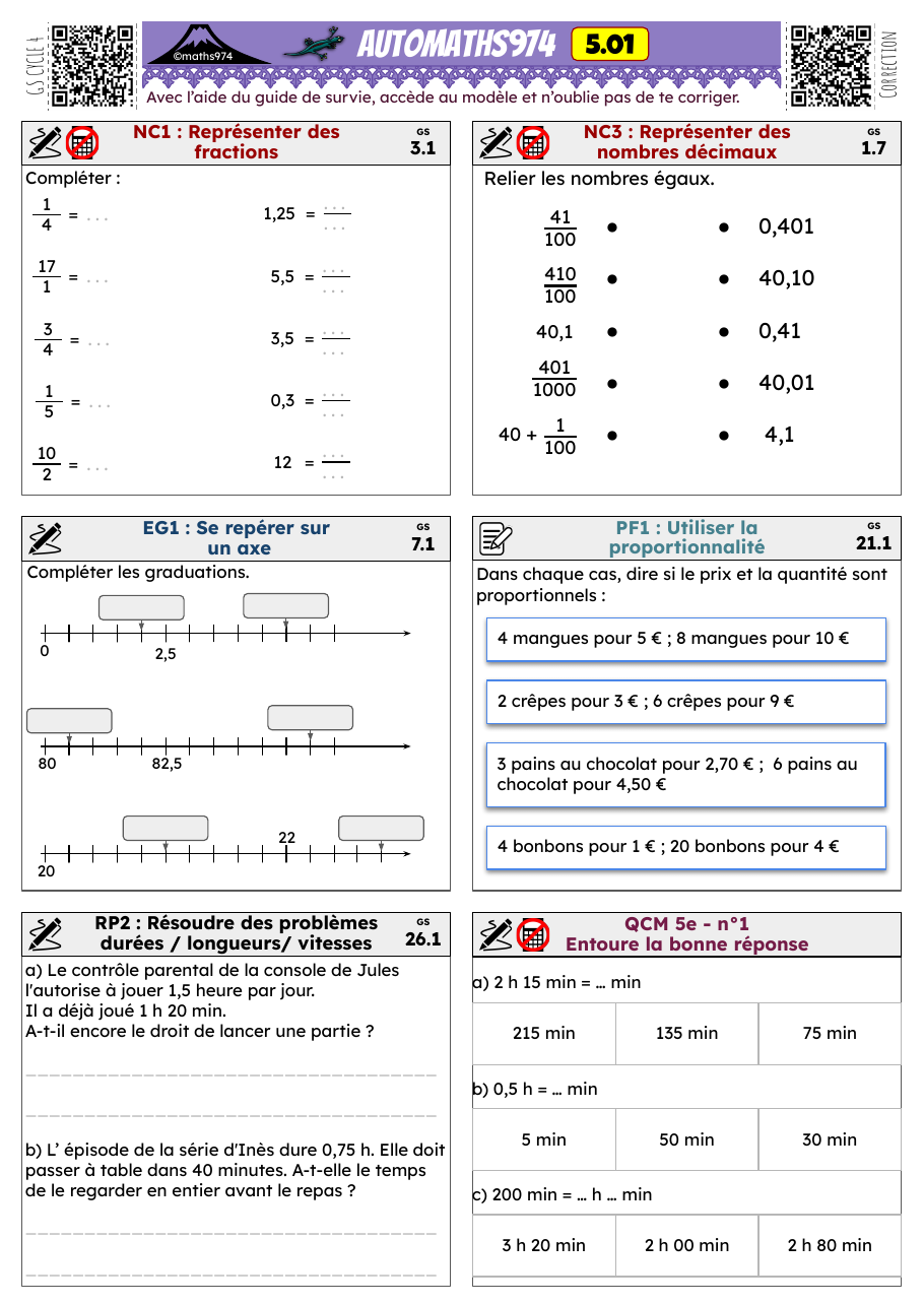 Fiche 5.01 – exercices de maths 5ème corrigés, semaine 1 : Représenter des fractions, Représenter des nombres décimaux