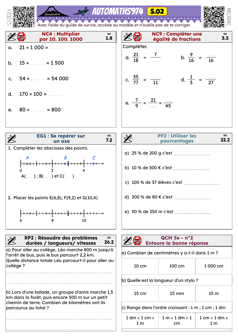 Fiche 5.02 – exercices de maths 5ème corrigés, semaine 2 : Se repérer sur un axe, Utiliser les pourcentages