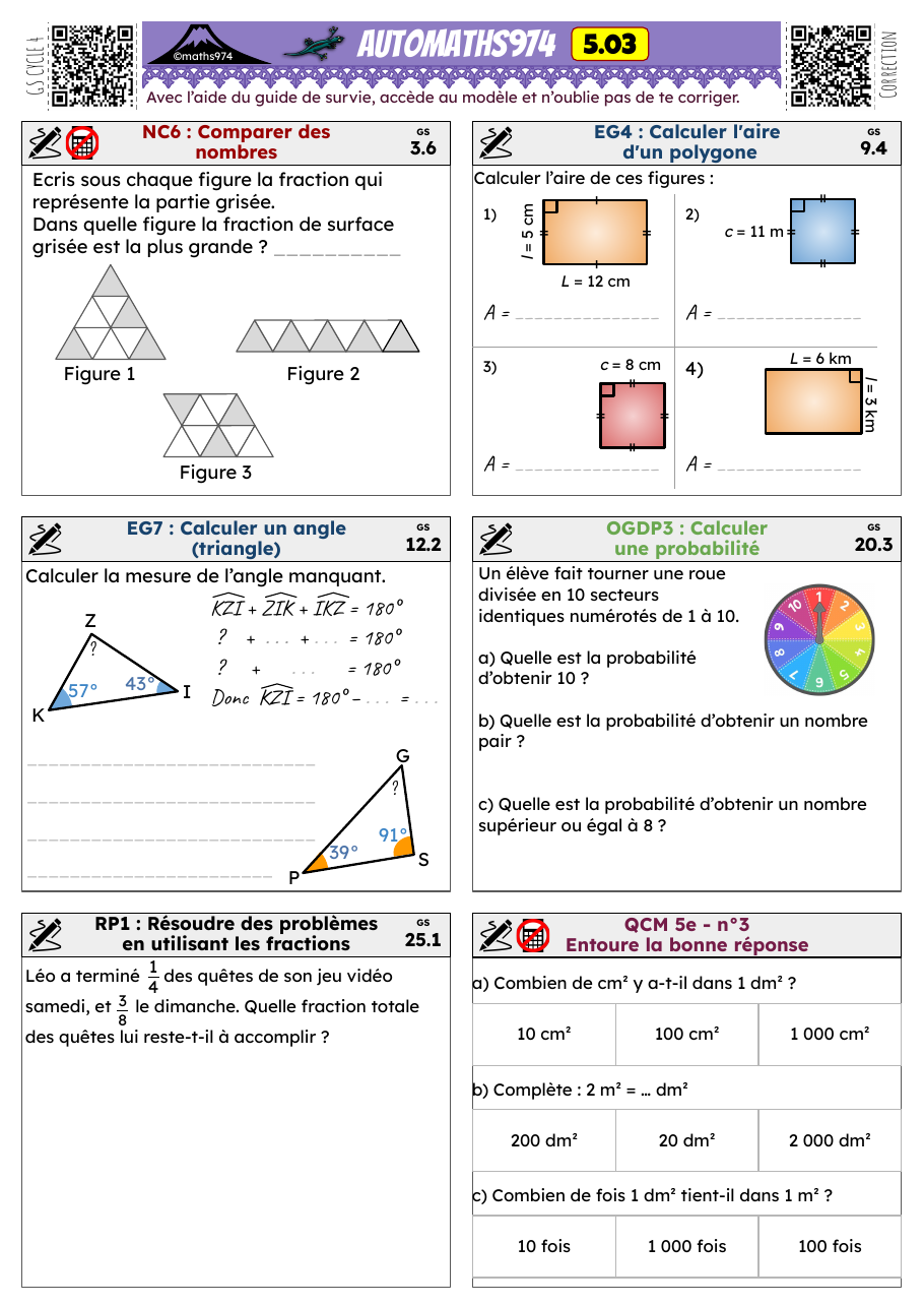 Fiche 5.03 – exercices de maths 5ème corrigés, semaine 3 : Calculer l'aire d'un polygone, Comparer des nombres