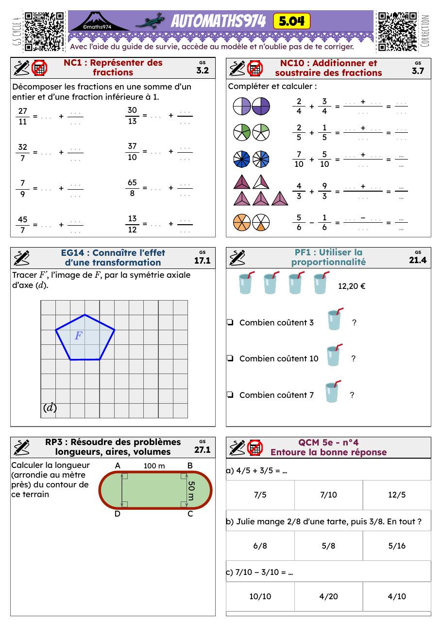 Fiche 5.04 – exercices de maths 5ème corrigés, semaine 4 : Représenter des fractions, Additionner et soustraire des fractions