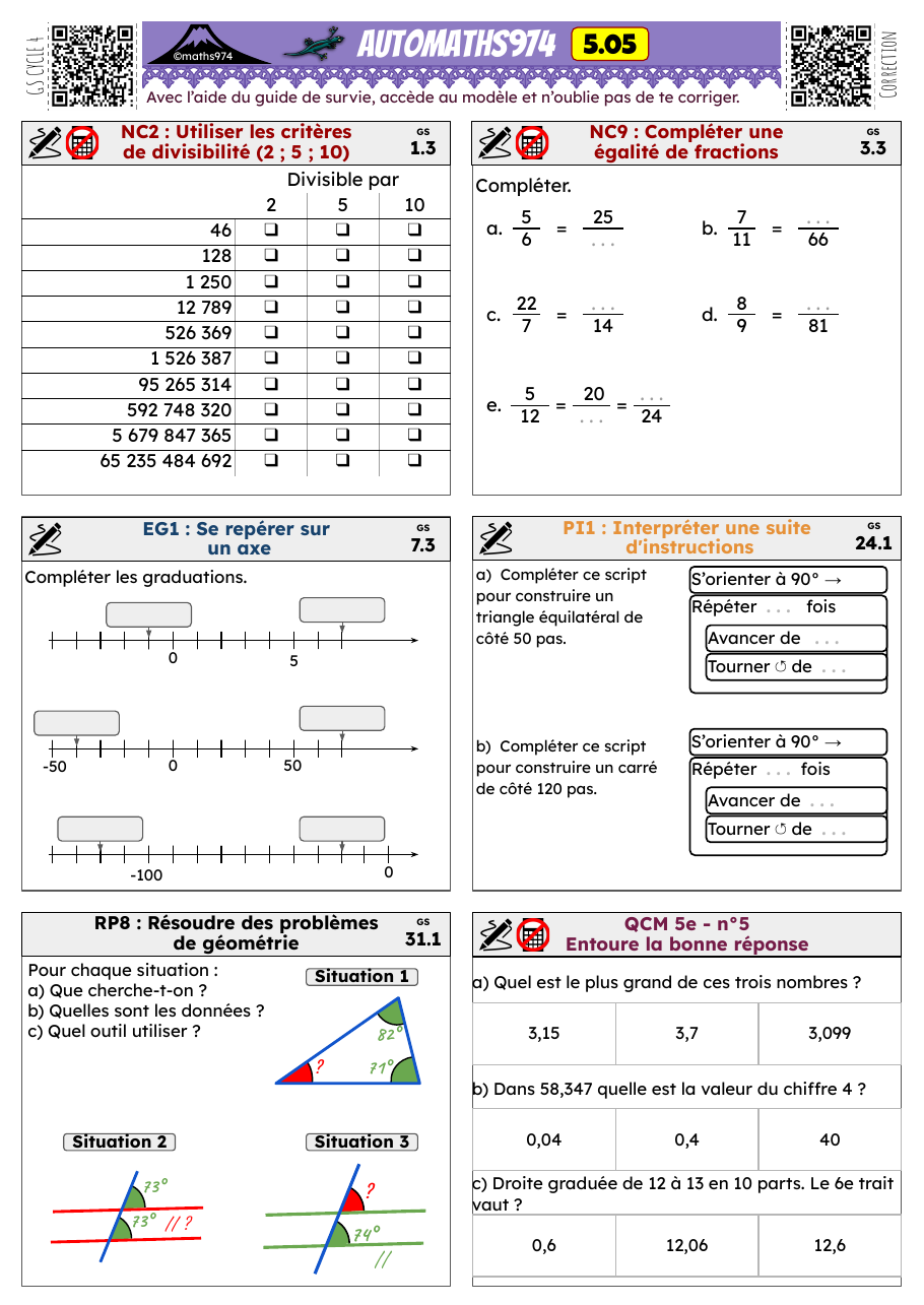 Fiche 5.05 – exercices de maths 5ème corrigés, semaine 5 : Utiliser les critères de divisibilité, Se repérer sur un axe