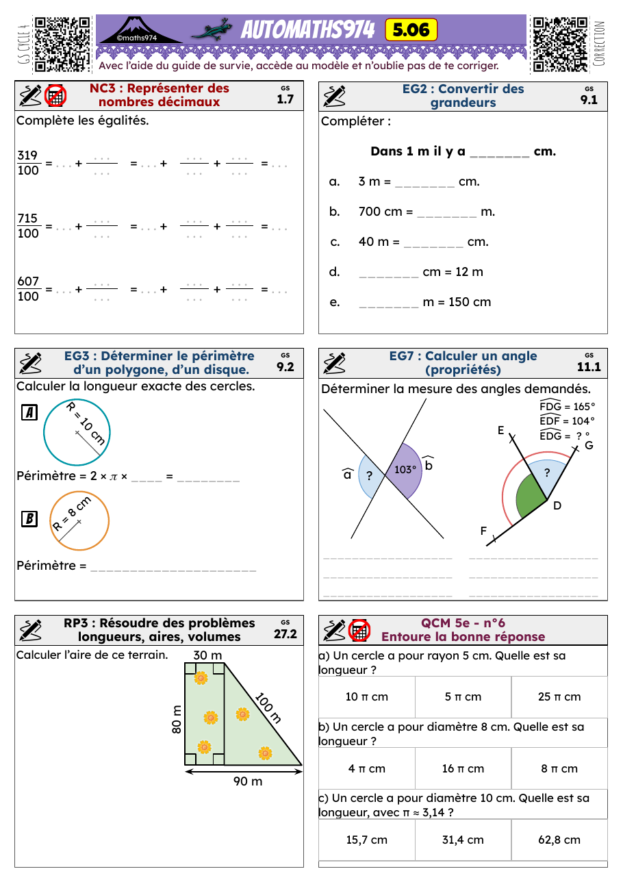 Fiche 5.06 – exercices de maths 5ème corrigés, semaine 6 : Représenter des nombres décimaux