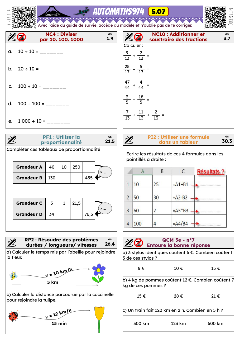 Fiche 5.07 – exercices de maths 5ème corrigés, semaine 7 : Diviser par 10. 100. 1000, Additionner et soustraire des fractions