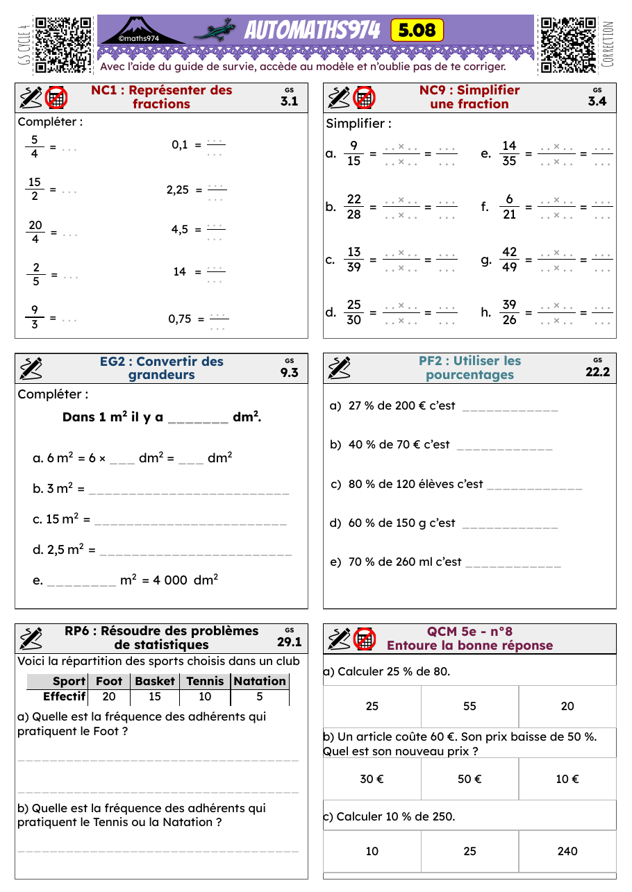 Fiche 5.08 – exercices de maths 5ème corrigés, semaine 8 : Représenter des fractions, Simplifier une fraction