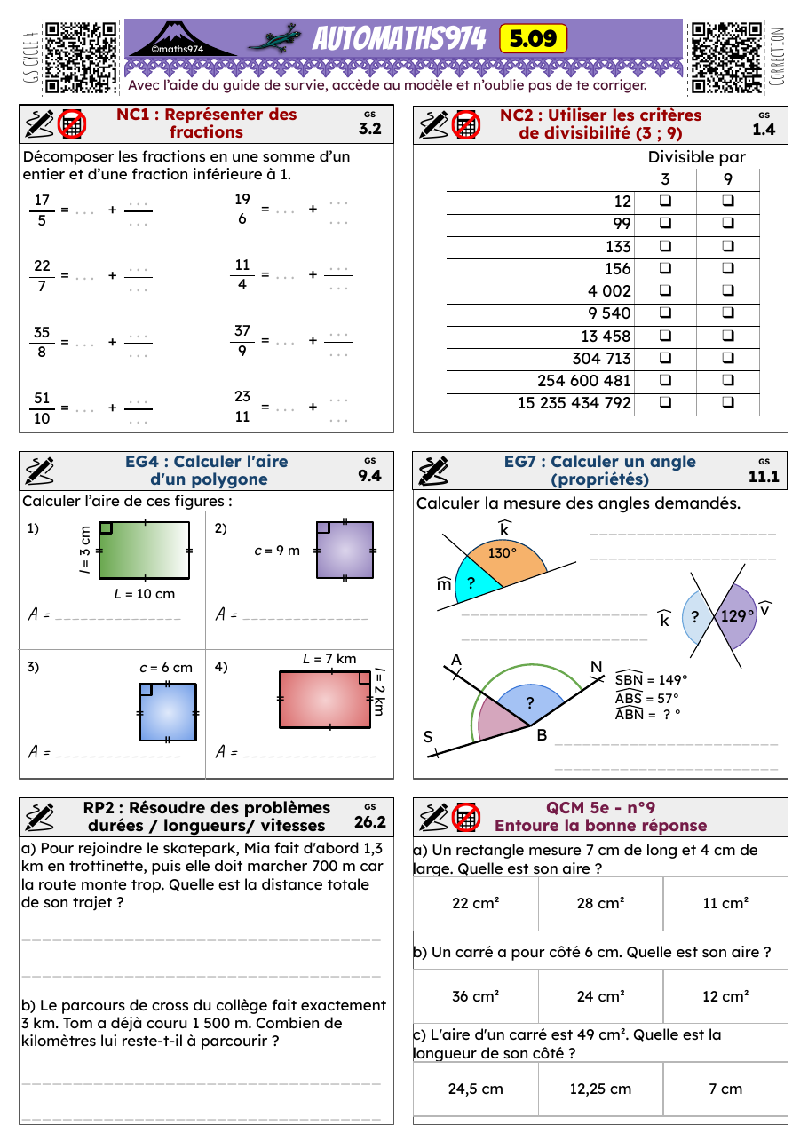 Fiche 5.09 – exercices de maths 5ème corrigés, semaine 9 : Représenter des fractions, Utiliser les critères de divisibilité