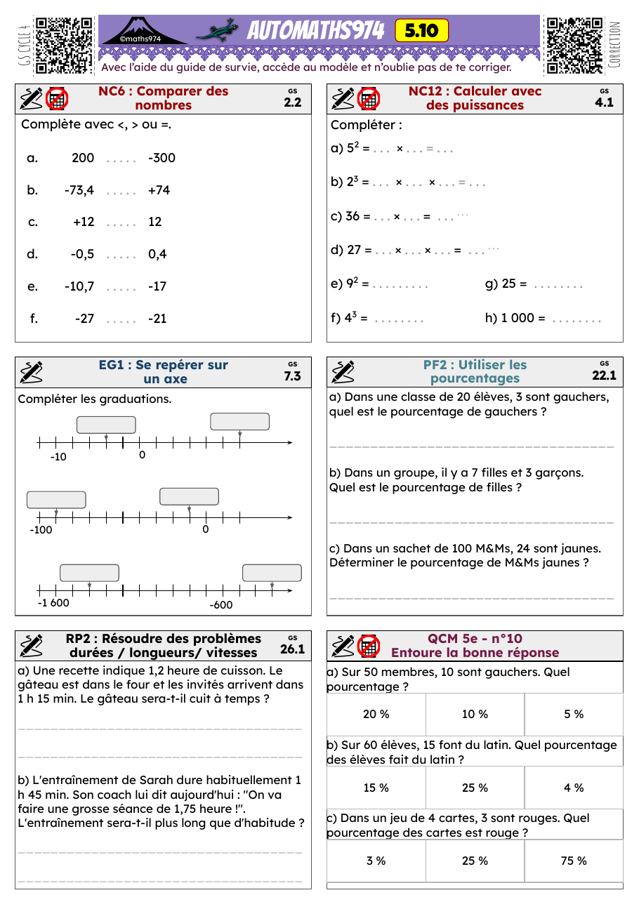 Fiche 5.10 – exercices de maths 5ème corrigés, semaine 10 : Comparer des nombres, Calculer avec des puissances
