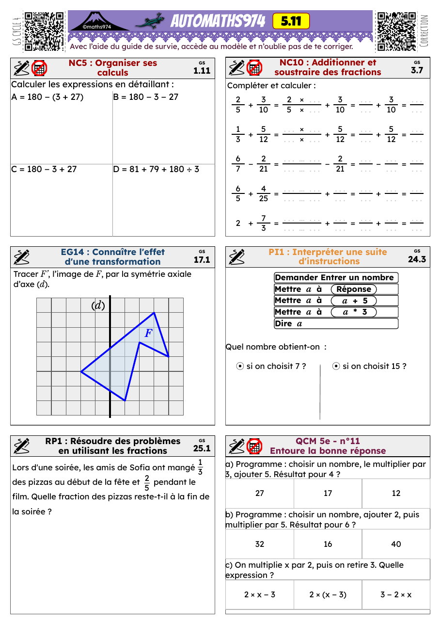 Fiche 5.11 – exercices de maths 5ème corrigés, semaine 11 : Organiser ses calculs, Additionner et soustraire des fractions