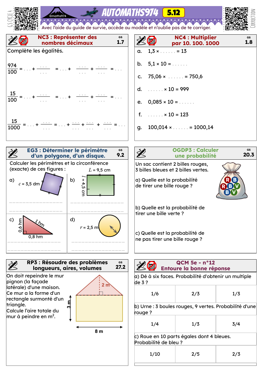 Fiche 5.12 – exercices de maths 5ème corrigés, semaine 12 : Représenter des nombres décimaux
