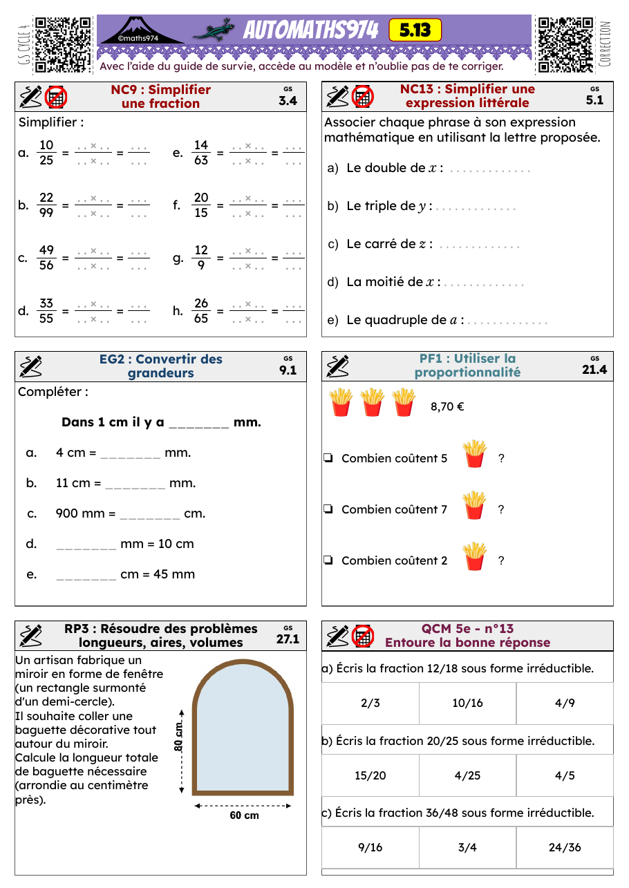 Fiche 5.13 – exercices de maths 5ème corrigés, semaine 13 : Simplifier une fraction, Simplifier une expression littérale