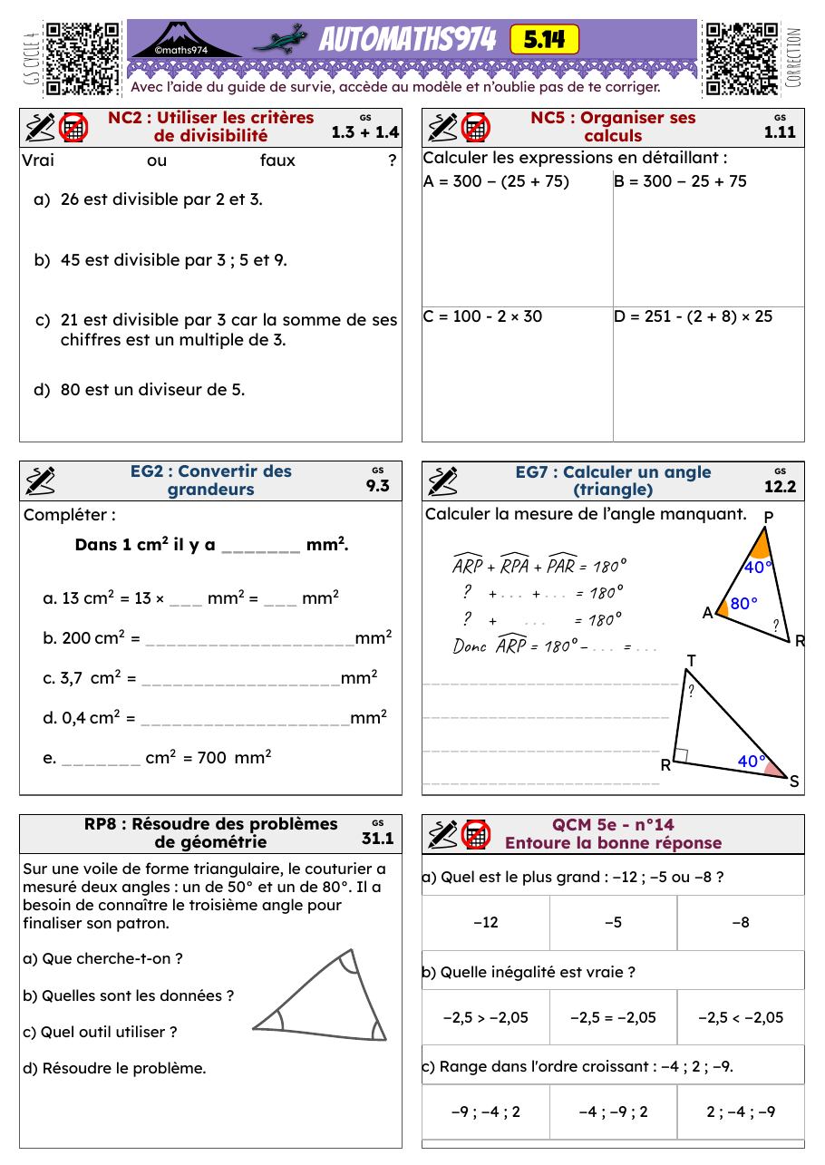 Fiche 5.14 – exercices de maths 5ème corrigés, semaine 14 : Utiliser les critères de divisibilité, Organiser ses calculs