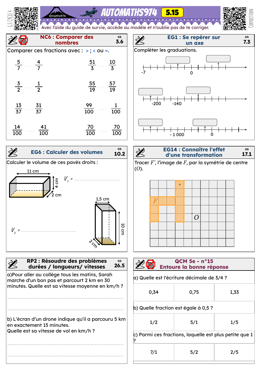 Fiche 5.15 – exercices de maths 5ème corrigés, semaine 15 : Comparer des nombres, Connaître l'effet d'une transformation